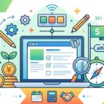 WordPressブログの開設手順を示すイラスト。サーバー、ドメイン、テーマのアイコンが表示されています。