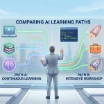 明るい都市の景色が広がるオフィスを背景に、中央に立つビジネスパーソンの男性が『COMPARING AI LEARNING PATHS（AI学習経路の比較）』と書かれた透明なデジタルディスプレイを操作しているイラスト。画面左側には『PATH A: CONTINUOUS LEARNING（継続学習）』として動画や本のアイコン、右側には『PATH B: INTENSIVE WORKSHOP（短期集中ワークショップ）』としてロケットのアイコンが描かれ、両端にはスキル習得、コスト、投資時間の比較指標が表示されている。