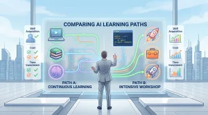 明るい都市の景色が広がるオフィスを背景に、中央に立つビジネスパーソンの男性が『COMPARING AI LEARNING PATHS（AI学習経路の比較）』と書かれた透明なデジタルディスプレイを操作しているイラスト。画面左側には『PATH A: CONTINUOUS LEARNING（継続学習）』として動画や本のアイコン、右側には『PATH B: INTENSIVE WORKSHOP（短期集中ワークショップ）』としてロケットのアイコンが描かれ、両端にはスキル習得、コスト、投資時間の比較指標が表示されている。
