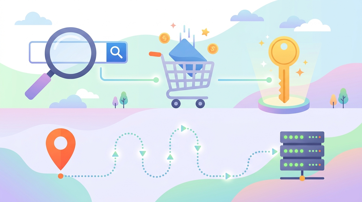 独自ドメインの取得手順を表すイラスト