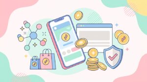 モッピーの始め方を示すスマートフォン、ポイント、紹介ネットワークのイメージ