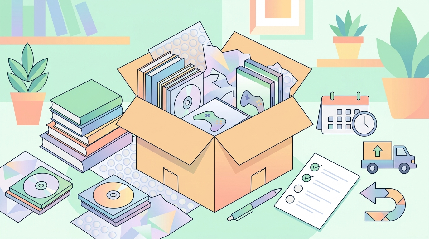 本やゲームを箱詰めして宅配買取へ出す前の確認事項を表すイラスト