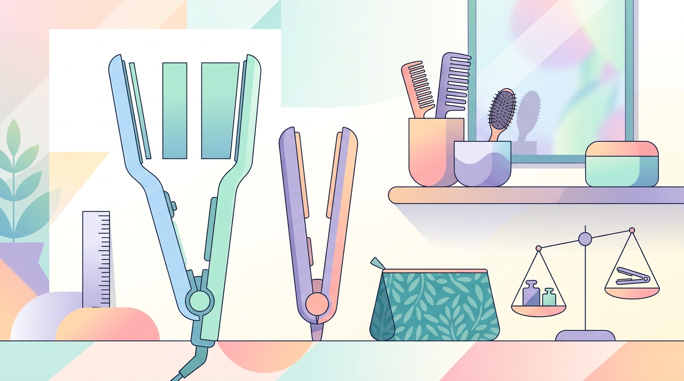 通常サイズとミニのストレートヘアアイロンを用途とプレート幅で比較するイラスト