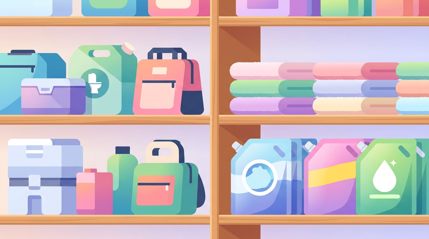 在宅避難の日用品ストック(簡易トイレ・タオル・洗剤)を表すイラスト