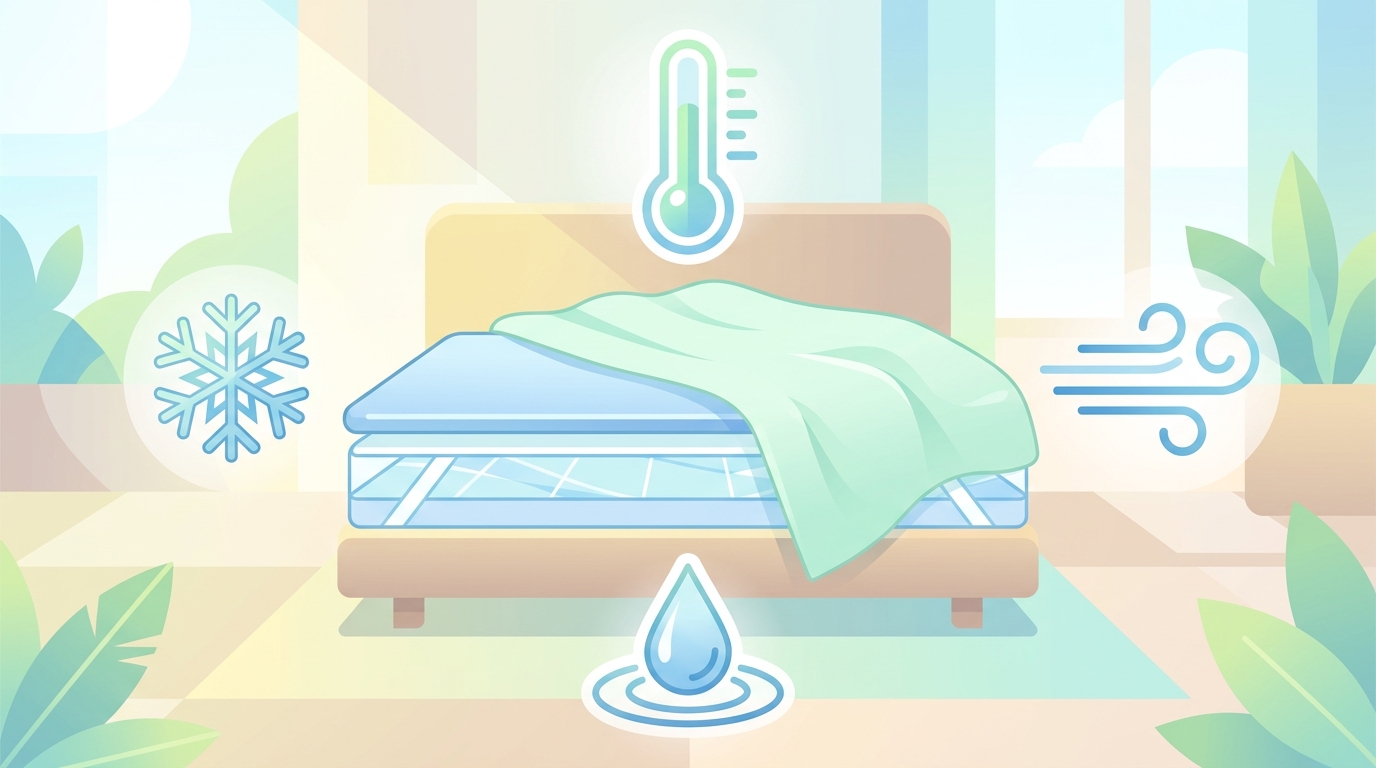 夏の冷感寝具の選び方(接触冷感・通気・洗濯)を表すイラスト