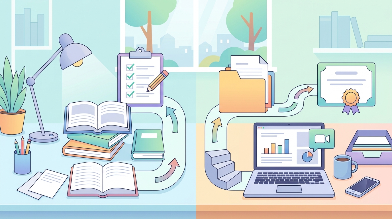通信講座の2つのコースを比較するイラスト