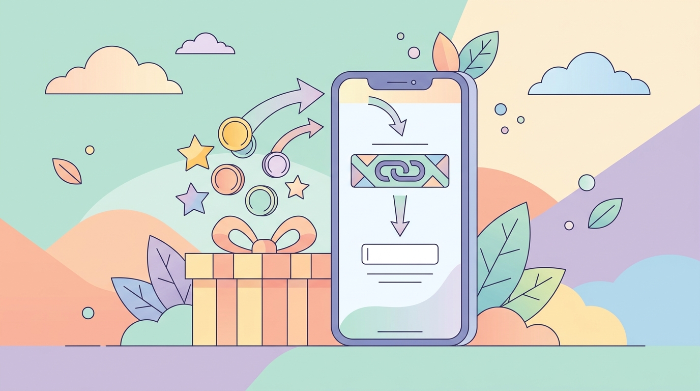 友達紹介のリンクとコードで登録を始める流れを表すイラスト
