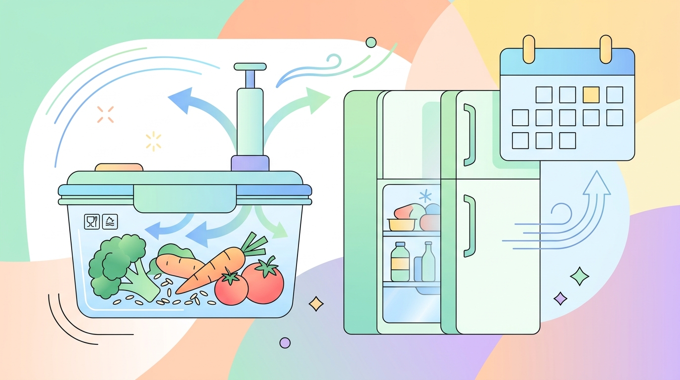 真空保存の仕組みと注意点(冷蔵・冷凍と併用)を表すイラスト