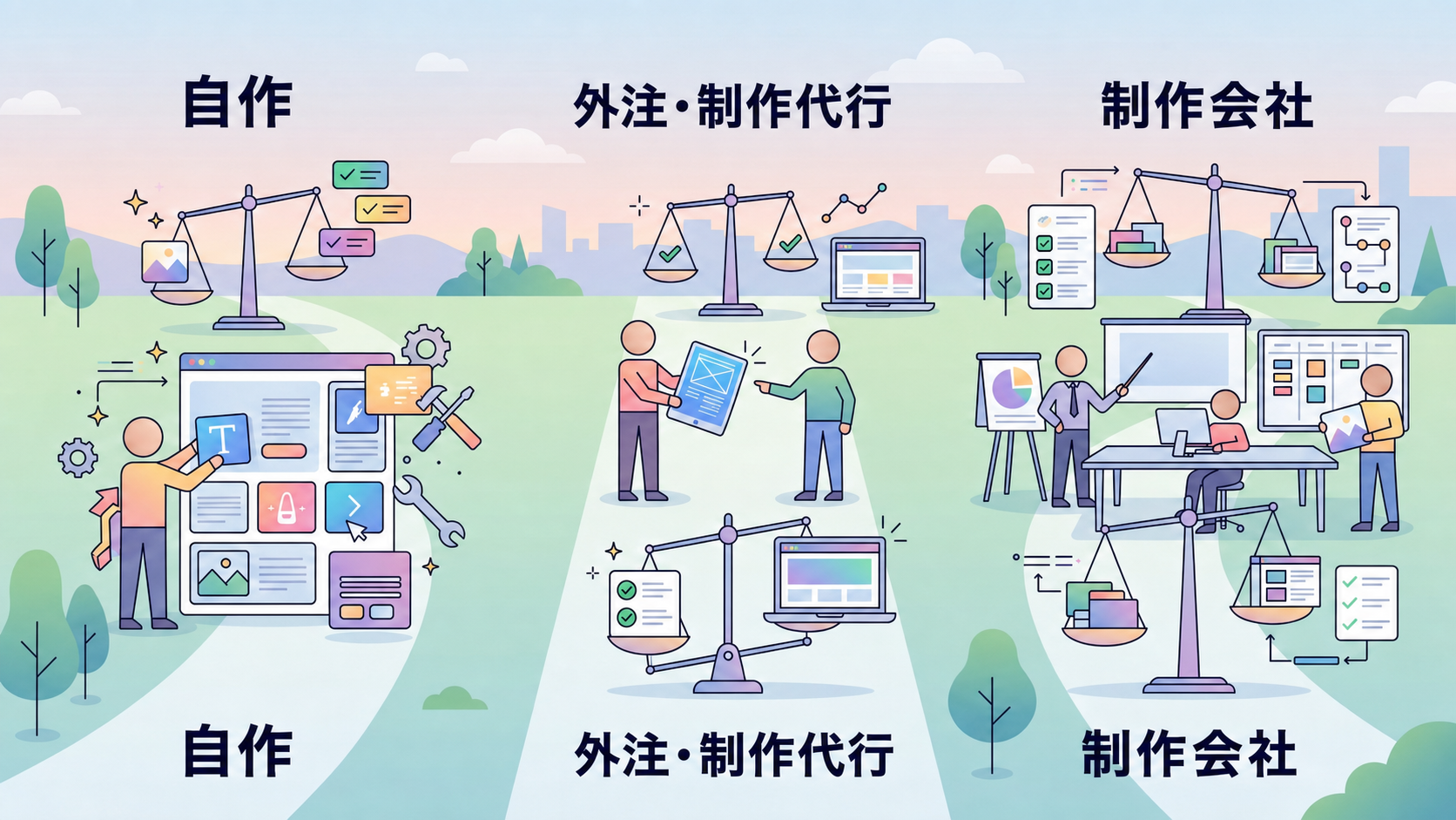 自作・外注や制作代行・制作会社によるホームページ制作の選択肢を比較するイラスト