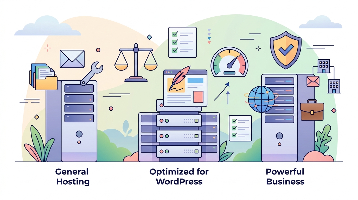 通常のレンタルサーバー・WordPress特化型・法人向けサーバーを比較するイラスト