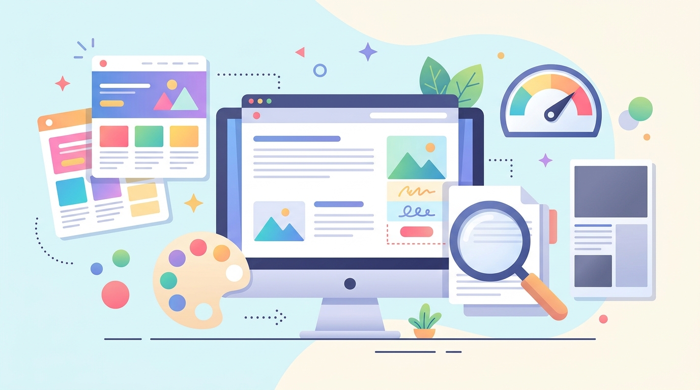 THE THORのメリット（デザイン・SEO・広告管理）を表すイラスト