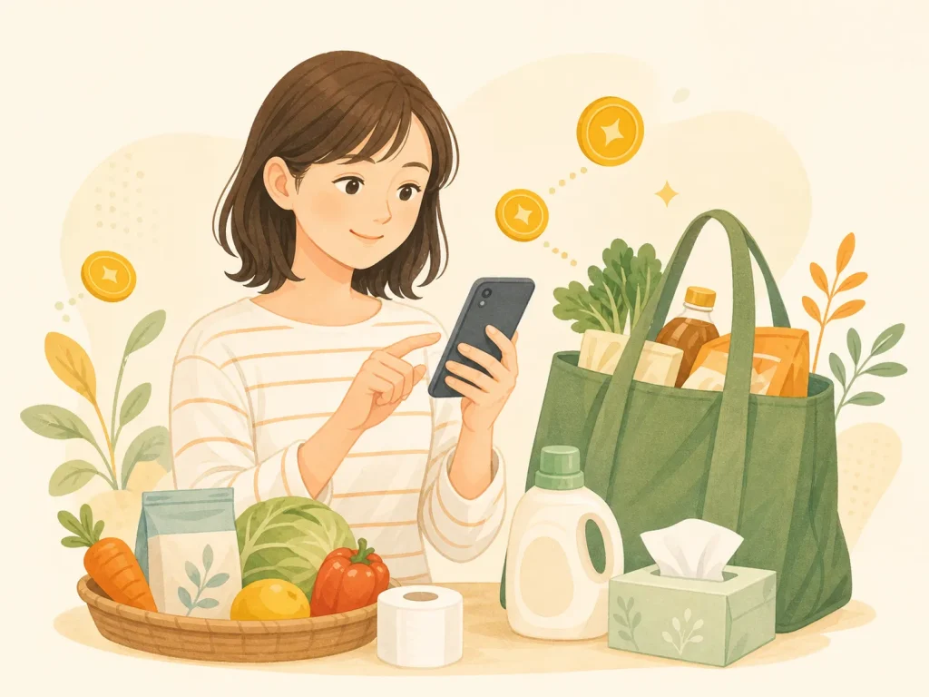 スマートフォンでポイント情報を確認する女性と、買い物袋・食品・日用品のイラスト