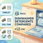 食洗機用洗剤のタブレット、ジェルタブ、粉末が並べられている様子。