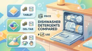 食洗機用洗剤のタブレット、ジェルタブ、粉末が並べられている様子。