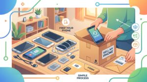 使わないスマホを売る前にデータ消去と宅配買取の準備をする人。