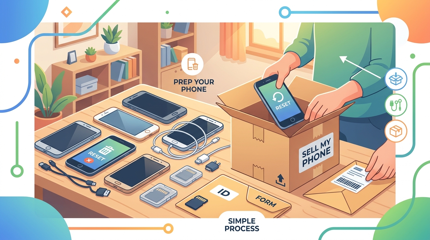 スマホを売る前にデータと付属品を確認するイラスト