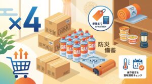 カセットボンベが複数本並べられ、まとめ買いや備蓄をテーマにした記事のイメージ。