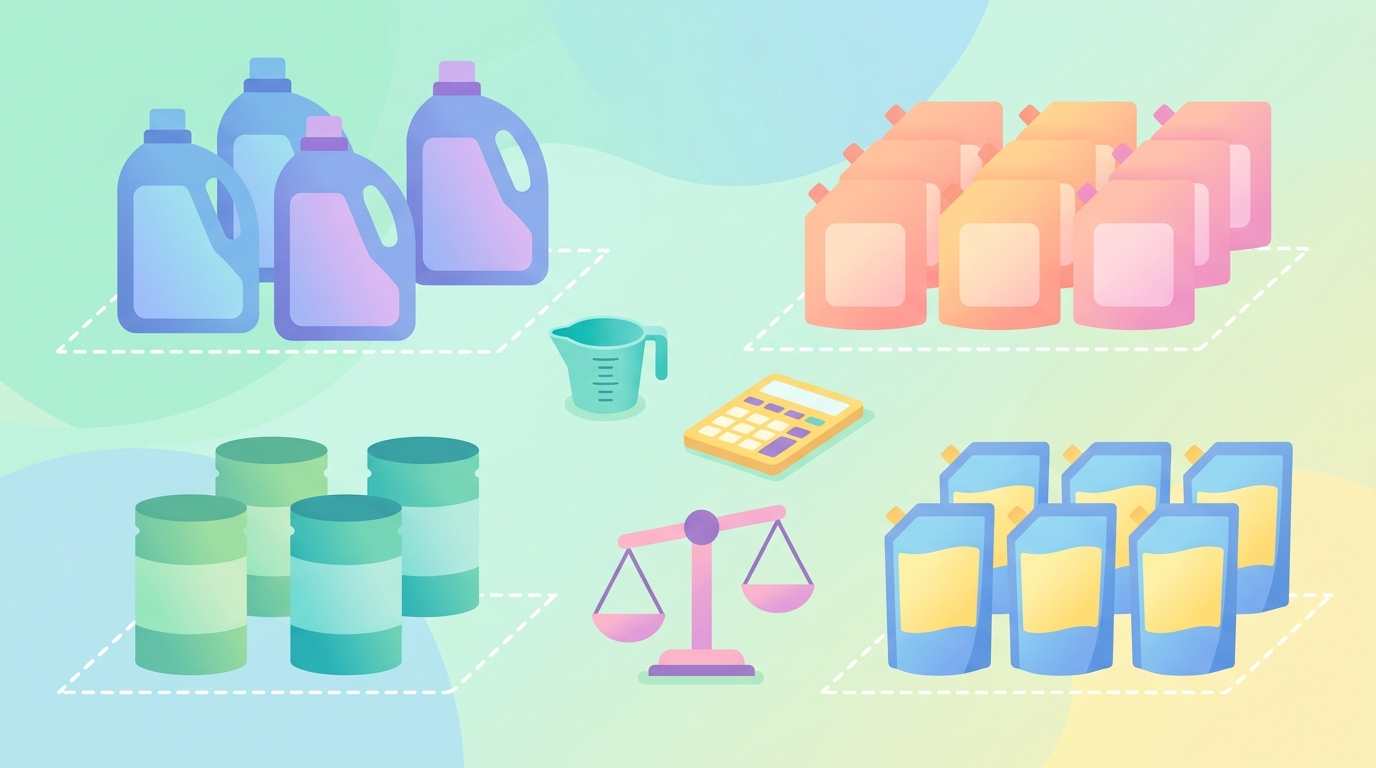 洗濯洗剤のケース買いを標準使用量・総容量・保管単位で比較するイラスト