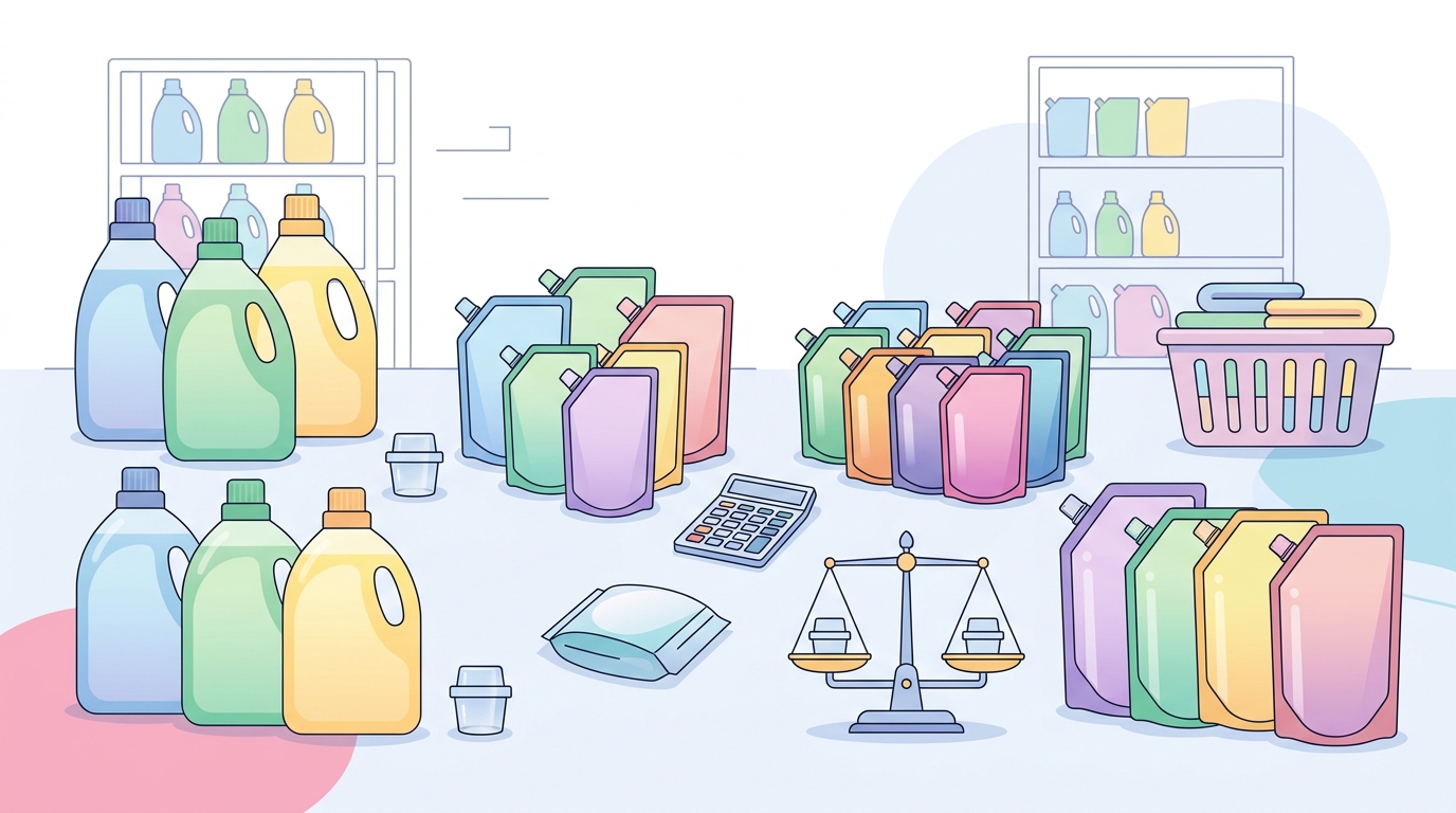 柔軟剤のケース買いを1回あたり単価・総容量・袋数・保管場所で比較するイラスト