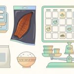 骨取り魚・うなぎ・無洗米を毎日用・ごちそう用・主食用に分けて備えるイラスト