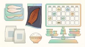 骨取り魚・うなぎ・無洗米を毎日用・ごちそう用・主食用に分けて備えるイラスト