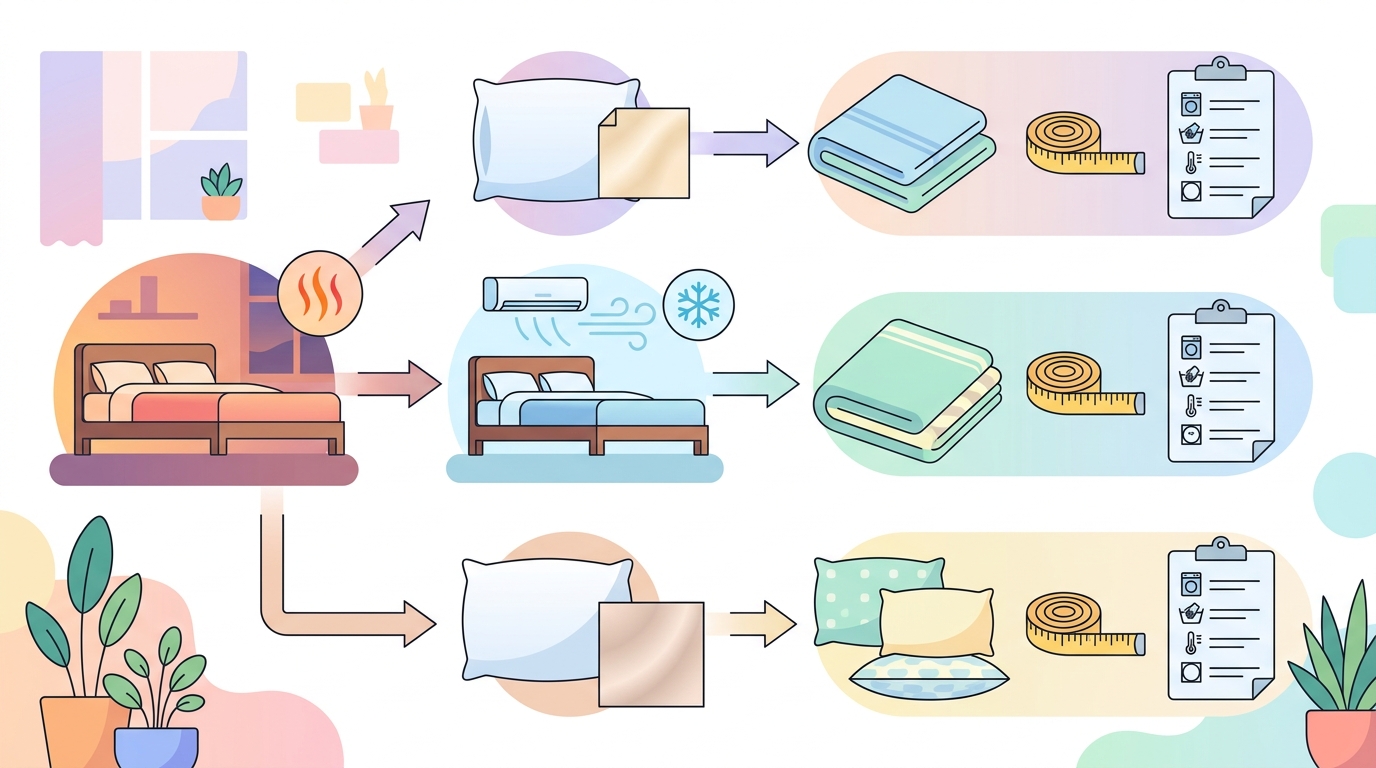 寝始めの暑さ・明け方の冷え・顔まわりの肌触りから寝具を1点ずつ選ぶイラスト