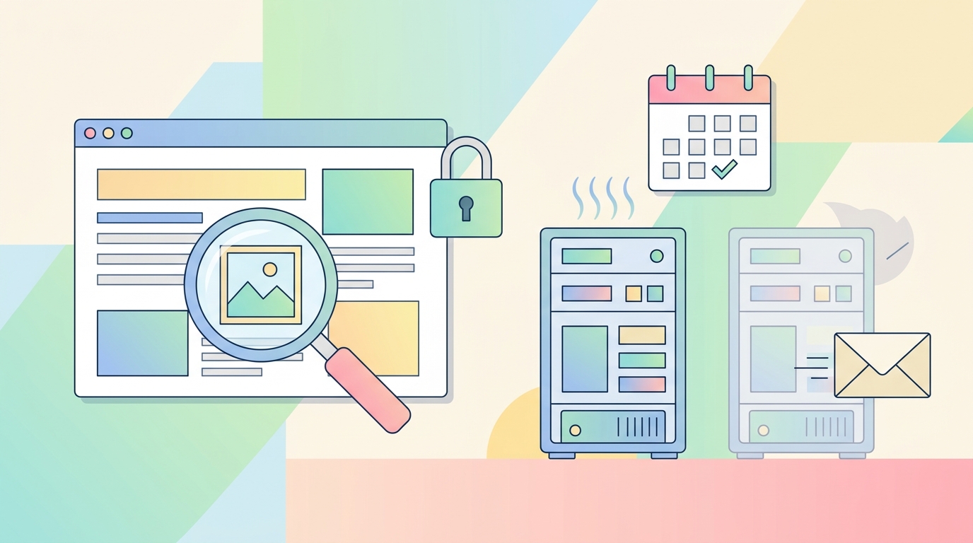 移行後にページ表示・画像・SSL・メール・旧サーバー解約時期を確認するイラスト