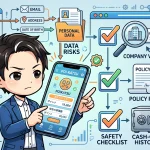 ポイ活アプリを手にする悩む男性と、個人データ収集によるデータリスク、そして運営会社検証やプライバシーポリシー確認、換金実績といった安全チェック項目を図解。ポイ活アプリの安全な利用法を示します。