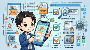 ポイ活アプリを手にする悩む男性と、個人データ収集によるデータリスク、そして運営会社検証やプライバシーポリシー確認、換金実績といった安全チェック項目を図解。ポイ活アプリの安全な利用法を示します。